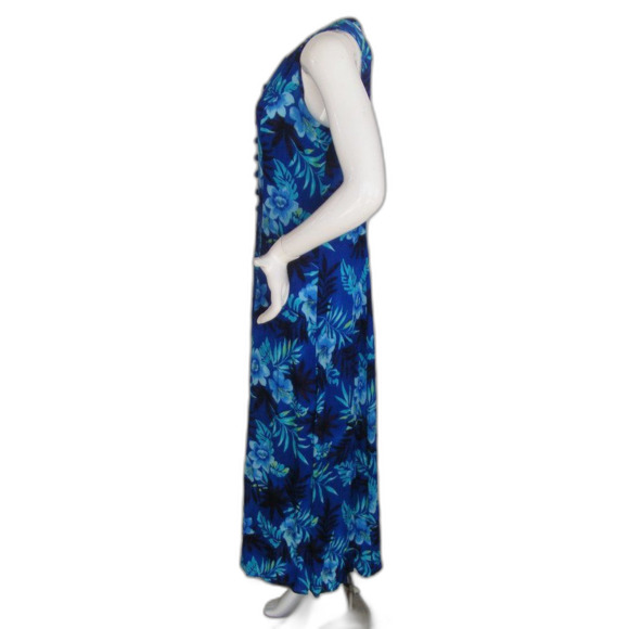 Vintage DAWN JOY Maxi Dress, 7/8, Blue Floral, Crossed back, Buttons, Sleeveless - Picture 8 of 12